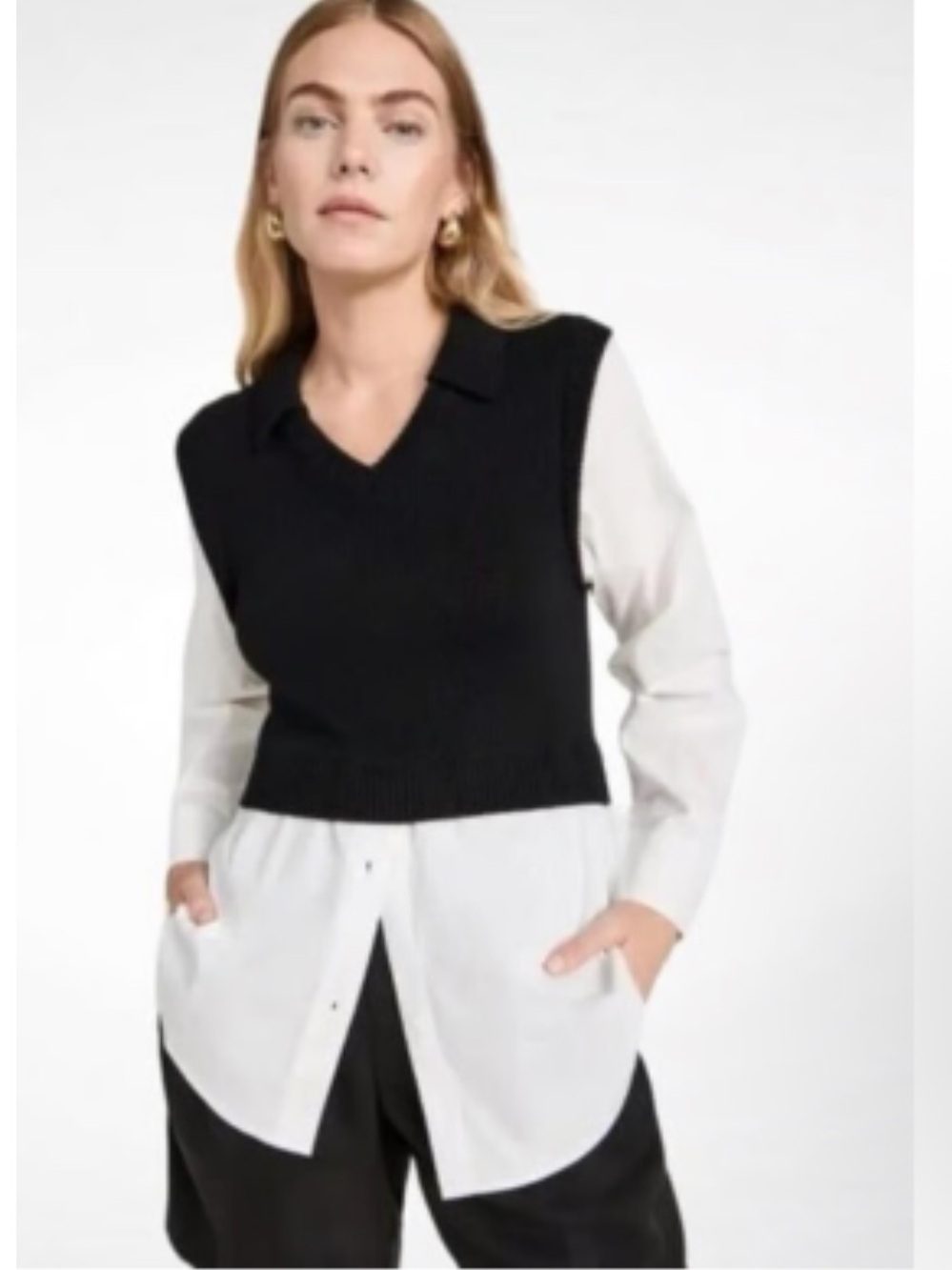 1.STATE Black/White Color Block Sweater Attached Tunic Like New V-Neck Large
